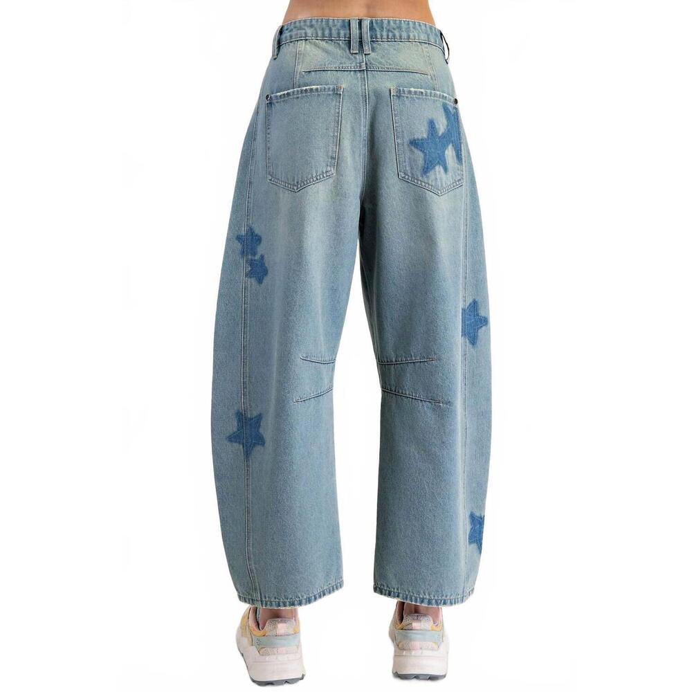 NEW EASEL starstruck patchwork barrel jeans in blue - Picture 2 of 6